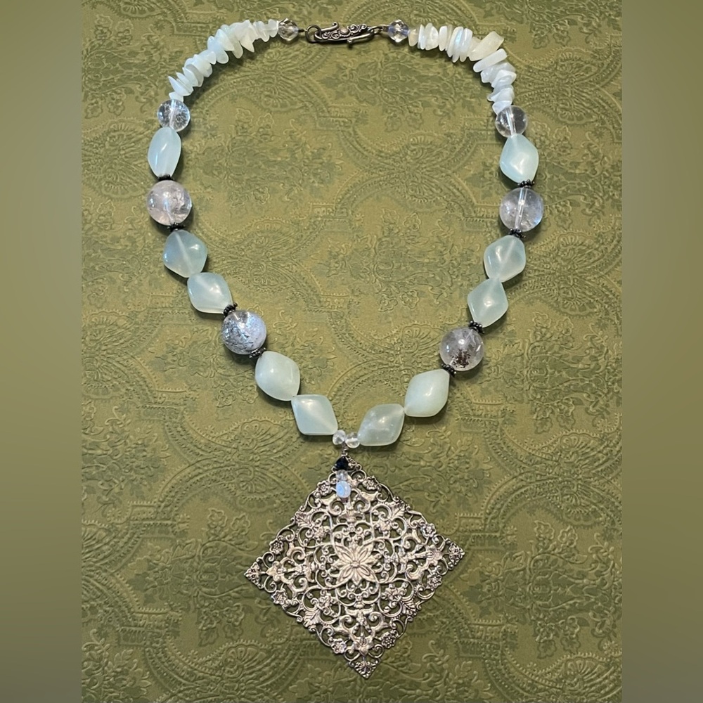 Semiprecious stone and sterling pendant statement necklace